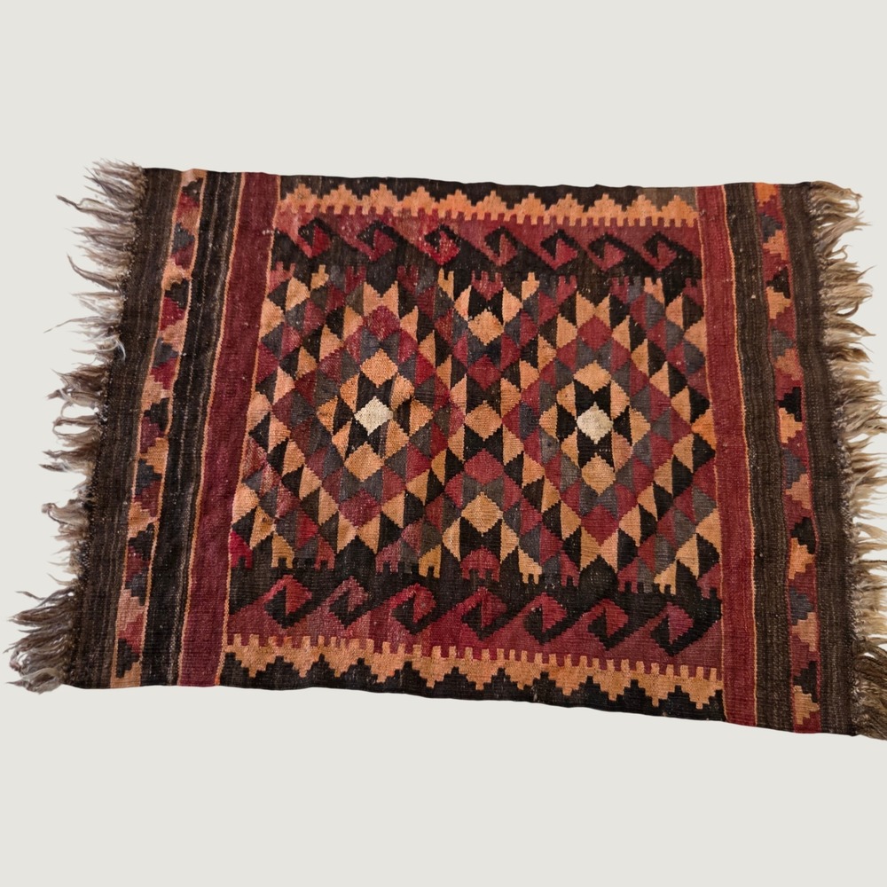 Handwoven Wool Kilim Rug Tribal Geometric Flatweave Terracotta Brown 28x36.5